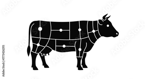 Diagram of beef cuts on a cow, illustrating different primal and subprimal cuts of meat for butchering and cooking purposes.