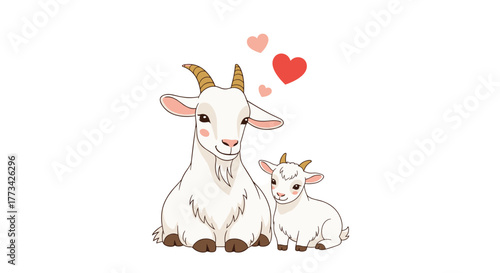 Adorable goat mother and kid illustration featuring hearts conveying love and affection, creating a heartwarming and tender moment.