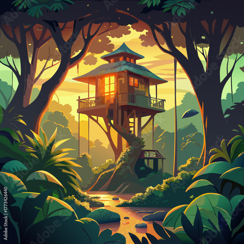 Enchanting treehouse nestled amidst a lush tropical forest at sunset