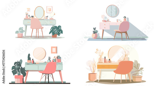 Stylish vanity table and mirror setups with indoor plants and pastel tones. Ideal for beauty blogs, interior design concepts, lifestyle visuals, and feminine workspace illustration projects.