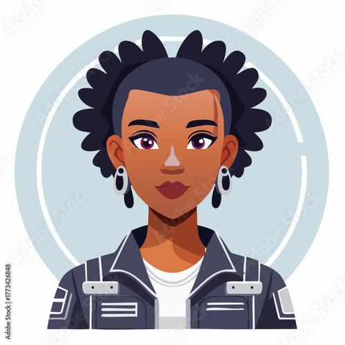 Stylish African-American Woman Portrait with Trendy Hairstyle and Accessories on a Circular Background