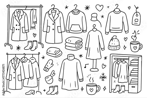 Hand-drawn Doodle Style Vector Set of Christmas Winter Fashion Outfits and Coats on Hangers, Black Outline Sketch Illustrations, Isolated on White Background
