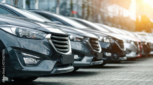 Fleet of clean modern rental cars lined up in organized rows at parking lot ready for customer pickup, ideal for fleet management marketing, travel industry advertising, car hire service concept.