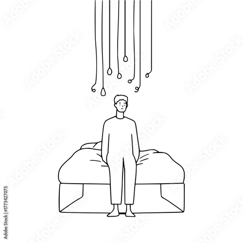 A person standing near a bed with hanging strings above their head in a minimalist black and white drawing