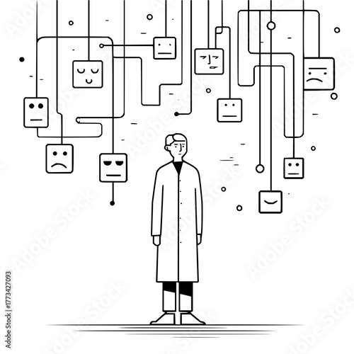 Man standing under hanging squares with various facial expressions connected by lines above him in black and white