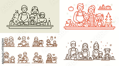 Minimal line illustration of families cooking together during the holidays. Ideal for festive posters, food blogs, family celebration art, and holiday season promotional designs.
