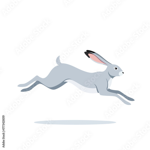 A stylized gray hare with long blacktipped ears in a dynamic midair leaping pose.