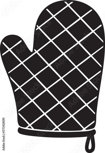 Black checkered oven mitt silhouette isolated on white background