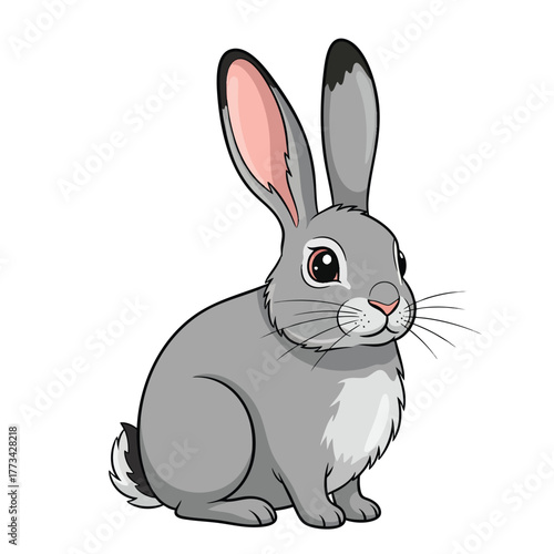 Adorable gray cartoon rabbit with long pink ears big shiny eyes and a fluffy white chest sitting attentively.
