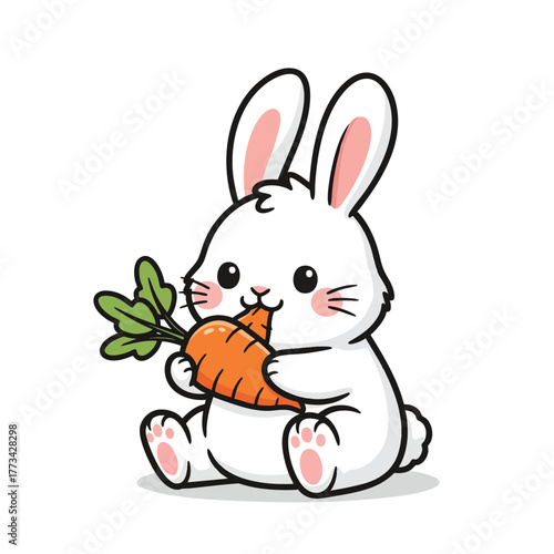 Adorable white cartoon bunny with pink ears sitting and happily eating an orange carrot.