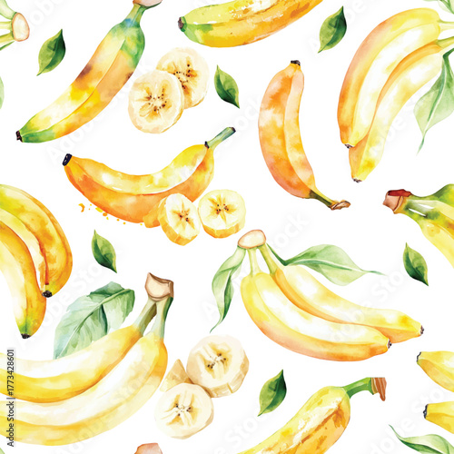 watercolor banana fruit seamless pattern, whole and halved hand drawn illustration wallpaper background