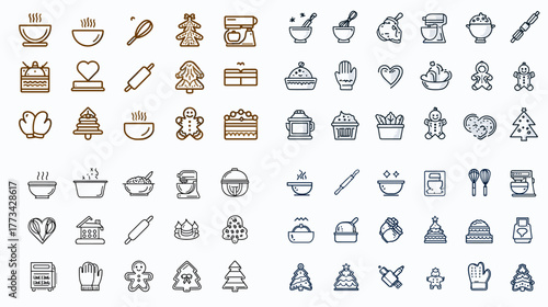 Minimal line icon set of baking and Christmas elements including cookies, cupcakes, and kitchen tools. Great for bakery branding, festive packaging, food blogs, and winter design projects.