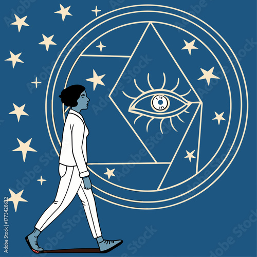 Person walking in front of all seeing eye surrounded by stars in circular design, evoking sense of mystery and wonder