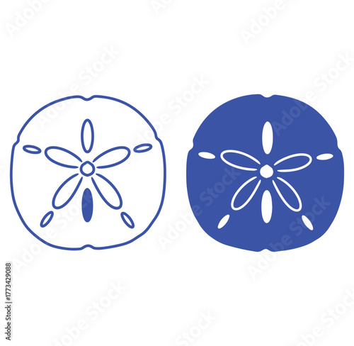 Two stylized sand dollars depicted in white and blue illustrating marine life and beach themes