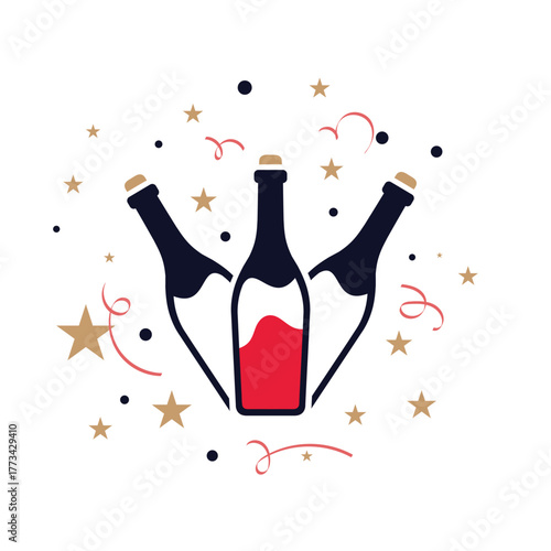 Three bottles of wine are shown with a red label. The bottles are placed in a row. The background is a white background with stars