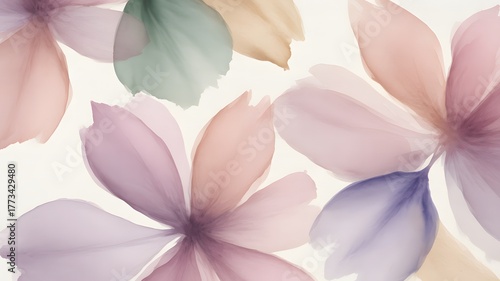 A delicate watercolor painting featuring a cluster of soft, pastelcolored flowers with translucent petals, creating a dreamy and ethereal floral composition