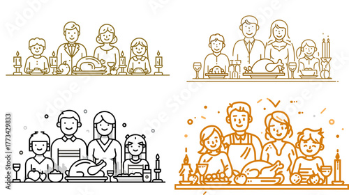 Minimalist line illustration of families enjoying dinner together. Perfect for festive greetings, restaurant branding, holiday posters, and family celebration concepts.