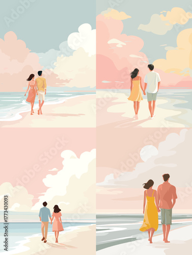 Soft pastel illustration of romantic couples walking on the beach under dreamy skies. Perfect for travel art, love posters, honeymoon cards, and aesthetic lifestyle illustrations.