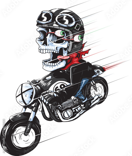 Riding fast, living free — a skull in motion on a custom café racer. Unstoppable speed, raw power, and rebellious spirit on two wheels