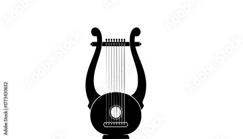 Black Vector Silhouette: Harp or Lyre (Praise & David) A detailed black vector silhouette of a Harp or Lyre (ancient stringed instrument), often associated with King David and themes of praise, music,