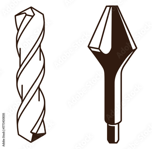 Vector illustration depicting two different types of drill bits with outline style