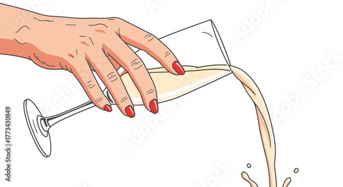 A hand with red nail polish pouring a drink from a champagne glass.