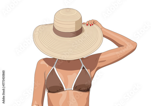 Woman in a brown bikini and a sun hat, holding the hat with her hand.