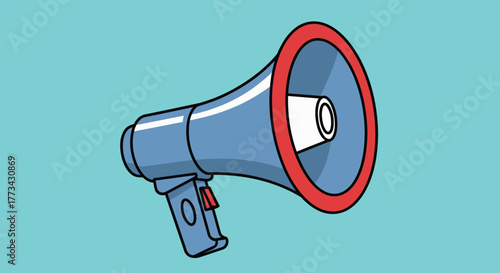 A simple cartoon illustration of a blue and red megaphone on a teal background.