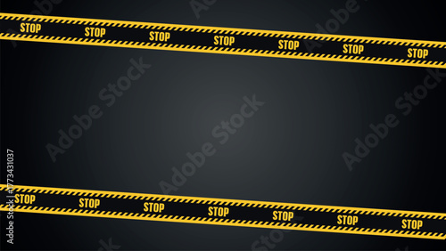 Yellow and black STOP warning tape on dark background. Horizontal caution ribbon for danger, police, or construction zone. Realistic design for alert, restriction, or security concept