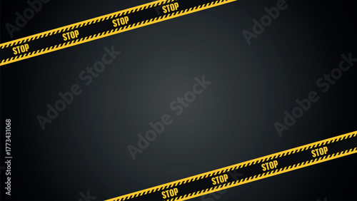Yellow and black STOP warning tape on dark background. Horizontal caution ribbon for danger, police, or construction zone. Realistic design for alert, restriction, or security concept