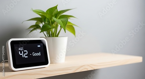 Digital air quality monitor showing good AQI next to a green plant on a wooden shelf.