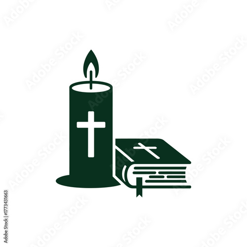 A lit candle and a bible with a cross symbolize faith and religious devotion.