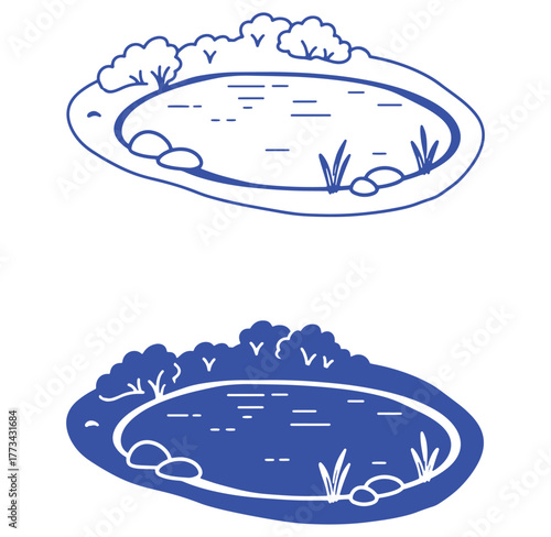 Vector illustration of a pond with trees, rocks, and grass in a simple blue and white design.