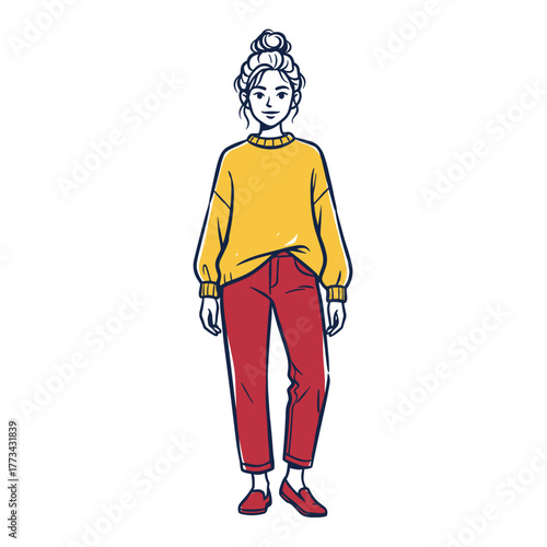 Young woman standing in casual outfit with yellow sweater and red pants, concept of Icons on the theme of mother's care. Mother's Day  