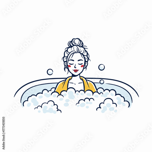 Relaxed woman enjoying a bubble bath with a serene expression  