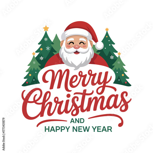Santa Claus wishes everyone a Merry Christmas and a Happy New Year with festive trees.
