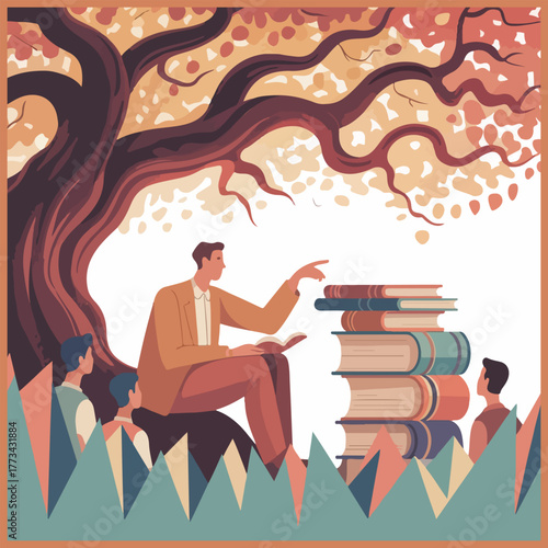 Solid color minimal flat vector for National Mentoring Day with mentor guiding mentee, helping hand, success stairs, lightbulb & growth tree concept