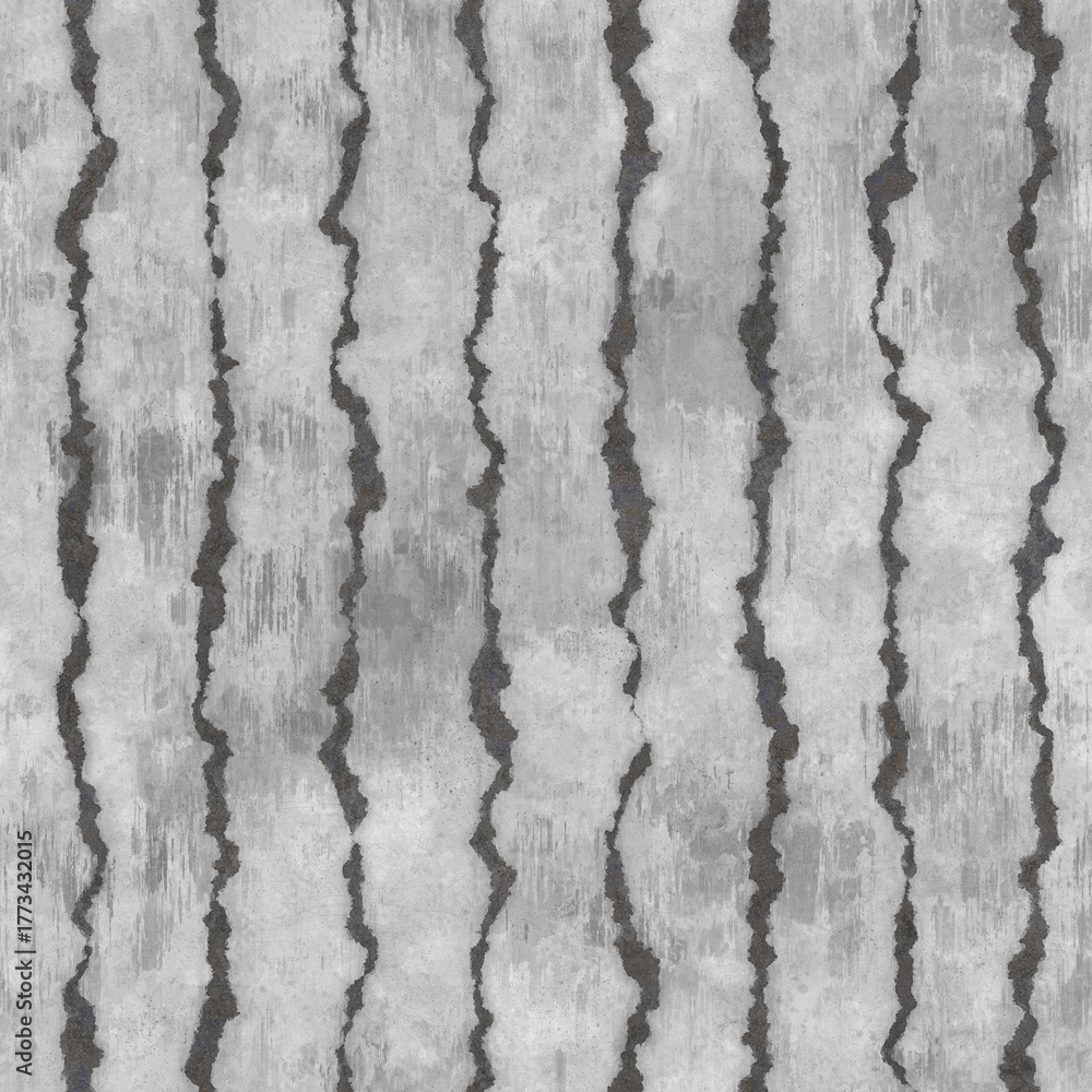 Obraz premium Seamless texture of a grey concrete wall with dark vertical cracks. A rough, industrial, and abstract background for modern design projects.