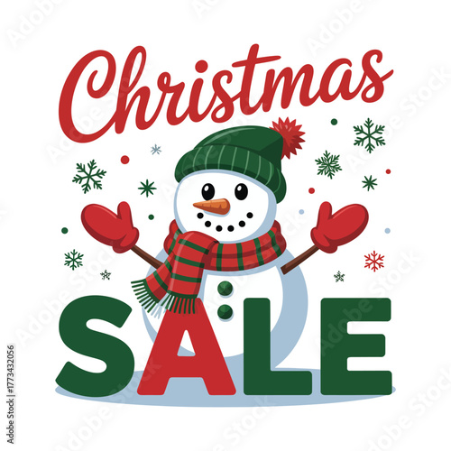 Festive snowman announces a Christmas sale event with winter snowflakes.