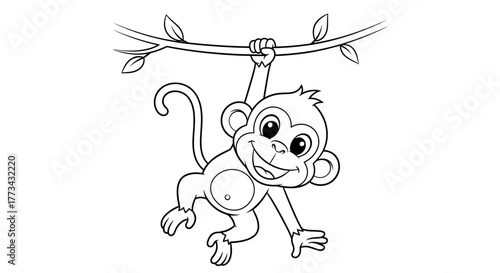 A happy cartoon monkey swinging from a vine, outlined for a children’s coloring book