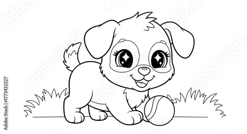 A cute cartoon puppy with big sparkling eyes playing with a ball