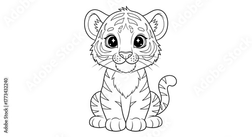 A cute cartoon tiger cub with big sparkling eyes and soft stripes