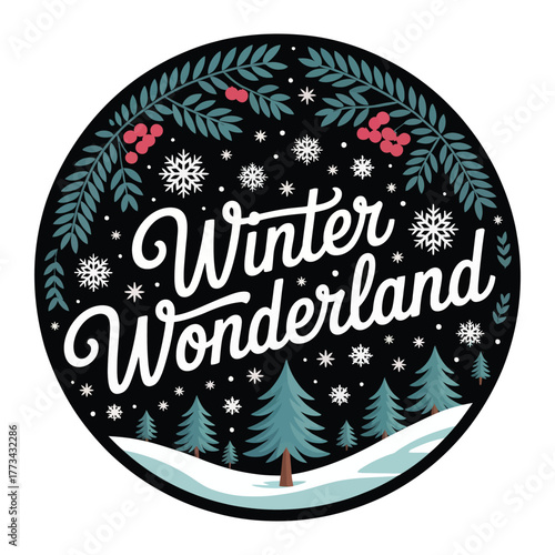 Winter Wonderland illustration with snow, trees, and festive berries.