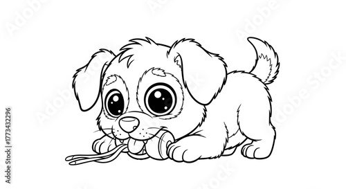 Adorable cartoon-style puppy with oversized eyes chewing on a toy