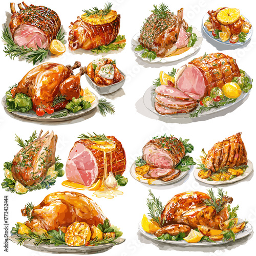 Watercolor illustration set of roasted meat dishes, ham, turkey, and ribs with herbs and citrus garnish. Perfect for festive menus, restaurant branding, cookbooks, and food packaging.