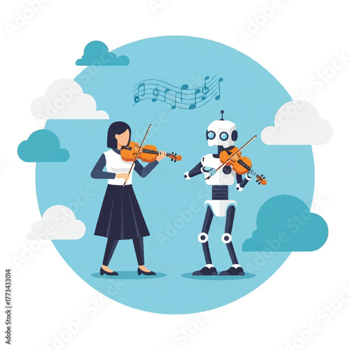 A woman and a robot are playing violins together, with musical notes floating above them, against a blue, cloudy background.