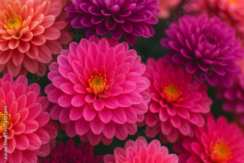 Fototapeta Naklejka Na Ścianę i Meble -  Bright and colorful dahlia flowers in full bloom with vivid pink, purple, and orange hues, symbolizing beauty, joy, and elegance..