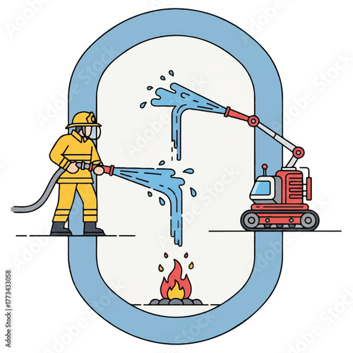 Illustration of a firefighter aiming a hose at a fire, with a fire truck robot also spraying water, all within a blue frame.