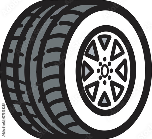 Close-up graphic of a car tire with a detailed tread pattern and alloy wheel
