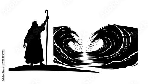 Black Vector Silhouette: Moses Parting the Red Sea A dramatic black vector silhouette depicting Moses standing on a shore with his staff raised, facing the sea
